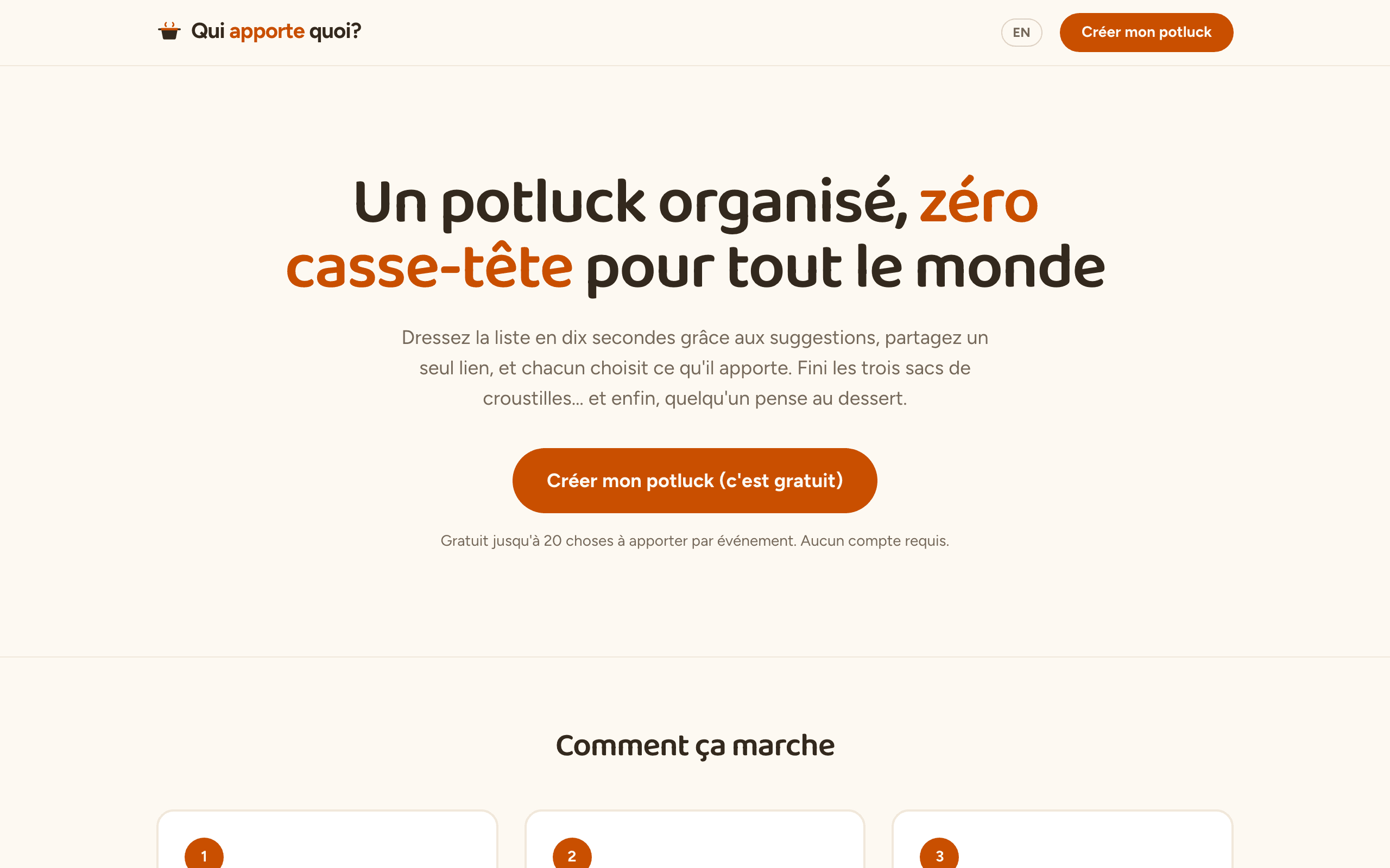 La page d'accueil de Qui apporte quoi?