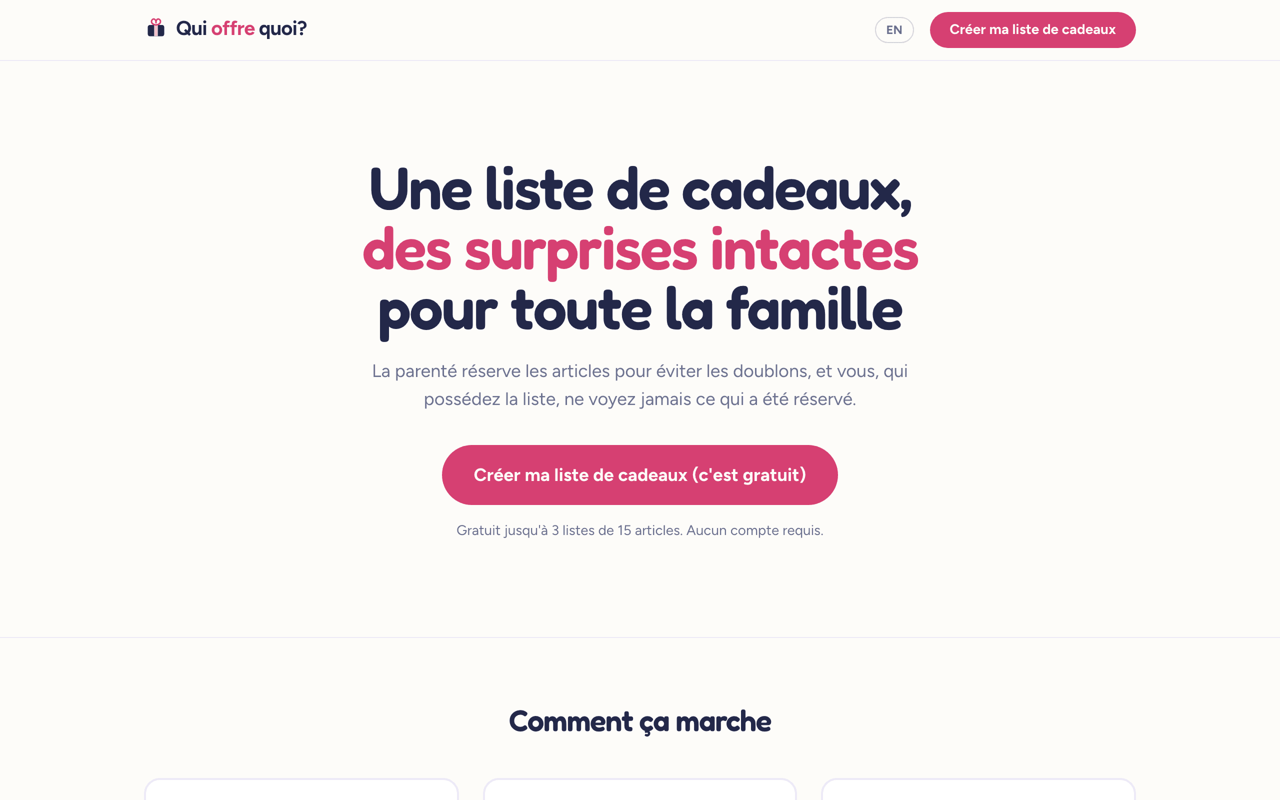 La page d'accueil de Qui offre quoi?